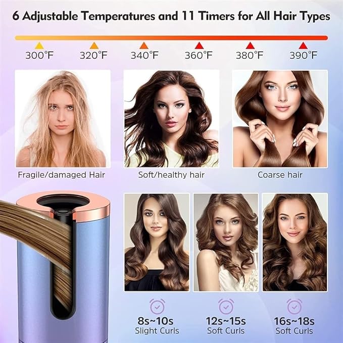 Cordless Auto Hair Curler Ceramic Rotating Hair Curler with 6 Temps &amp Timers Portable Rechargeable Curling Wand Auto Shut-Off Fast Heating Iron for Styling (Color : Black)