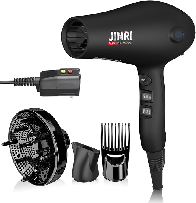 Hair Dryer - JINRI 1875W Diffuser Blow Dryer for Salon &amp Personal Use – Powerful Fast Drying with Diffuser Comb &amp Nozzle for Women &amp Men ALCI Safety Plug Black
