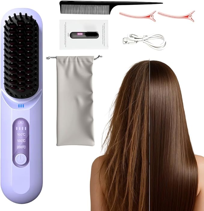 Upgraded GO Brush for Short Hair 2026 New GO Brush Portable Straightener Three-Level Temperature Adjustment Ceramic Coating Fast Heating Temperature Display Hair Styling Travel Home (Purple)