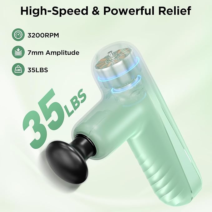 Mini Massage Gun Powerful Handheld Muscle Massager for Muscle Relaxation Deep Tissue Percussion Small Massage Gun Travel Massager with 4 Massage Heads Silent Brushless Motor Green