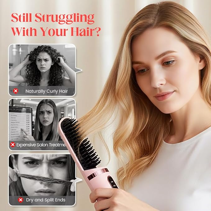 Cordless Hair Straightener Brush - Portable Hair Brush Straightener Cordless for Travel - 300 Million Negative Ions for Frizz-Free Shine Touch Up On-The-GoType-C RechargeableFast Heating (Pink)