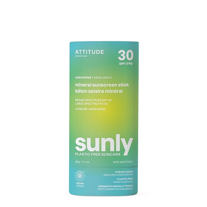 ATTITUDE Mineral Sunscreen Stick with Zinc Oxide SPF 30 EWG Verified Plastic-Free Broad Spectrum UVA/UVB Protection Dermatologically Tested Vegan Unscented 2.1 Ounces