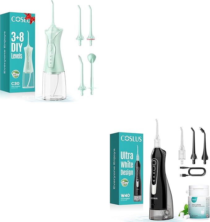 COSLUS C30(FC5360) Green 300ML Flosser &amp W40(F5020E) Black Flosser Pick with 30 Refills