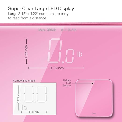 VisionTechShop S Body High Precision Ultra Wide Digital Body Weight Bathroom Scale up to 396lb/180kg Super-Clear Large LED DisplayStep-On Technology Pink