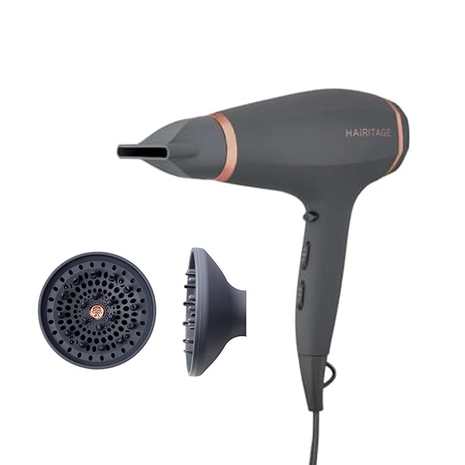 Hairitage Ionic Hair Blow Dryer &amp Diffuser + Concentrator Attachments for All Hair Types 1875 Watts 3 Heat Settings &amp Cool Shot Locks-in Style Best Lightweight Diffuser for Smooth Blowouts