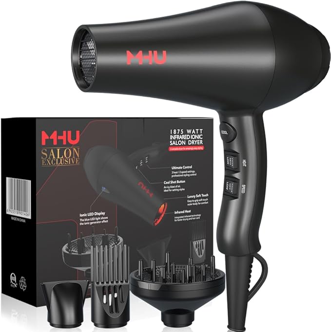 1875W Far Infrared Hair Dryer | Powerful AC Motor Blow Dryer Fast Drying | 2 Speed 3 Heat with Cool Shot | ETL Certified with ALCI Safety Plug | Concentrator &amp Diffuser &amp Comb | 2.65M Long Cor