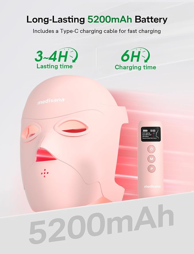 Medisana 3D Red Light Therapy Mask for Face 336 LEDs Light Therapy Mask with 3 Modes - NIR 830nm Red 630nm Blue 415nm - Cordless &amp Rechargeable LED Face Mask for Home Skincare Gifts for Women