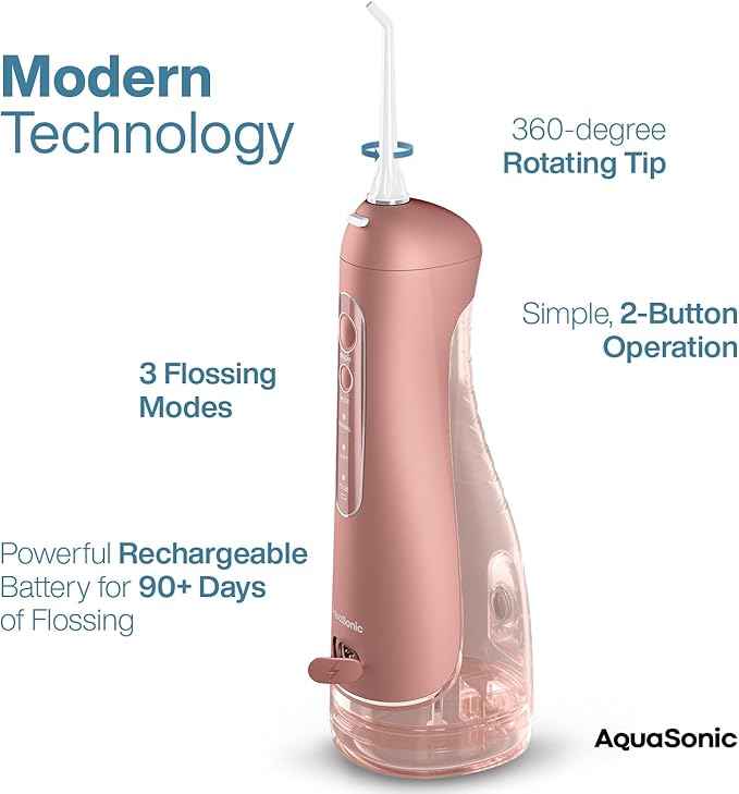 AquaSonic Aqua Flosser PRO - Rechargeable Electric Cordless Water Flosser for Teeth Gums &amp Tongue - Waterproof Modern Design 300ml Large Tank 3 Modes 6 Jet Tips Deluxe Tongue Nozzle - Rose Go