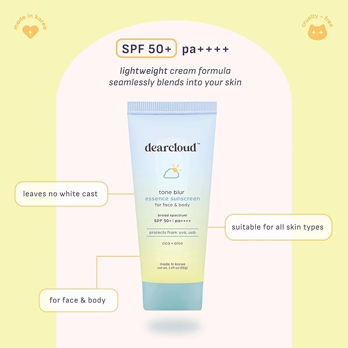 dearcloud Tone Blur Essence Sunscreen Duo – SPF 50 (1.69 fl oz) – Korean Sunscreen for Face with Aloe &amp Cica – Blurring Primer (2 Pack)