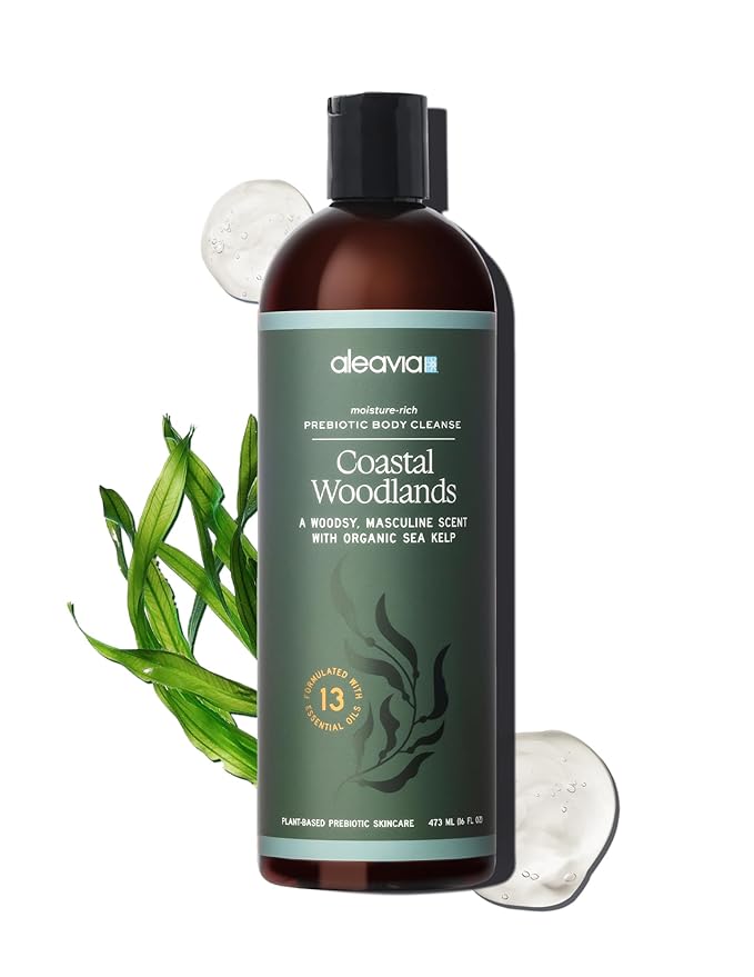 Aleavia Coastal Woodlands Mens Body Cleanse – Organic &amp All-Natural Prebiotic Body Wash for Men Woodsy Notes Scented with 13 Essential Oils – Nourish Your Skin Microbiome – 16 Oz.