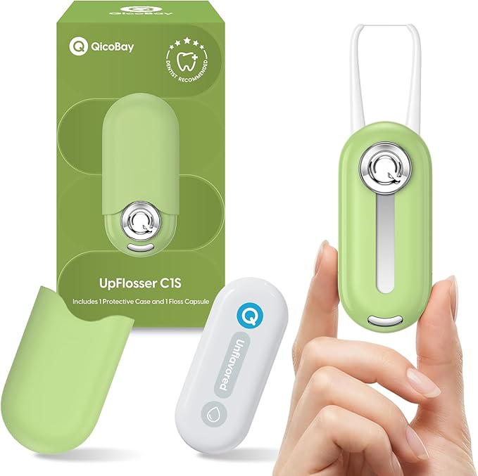 UpFlosser C1S Reusable Auto-Restringing Flosser with Replaceable Floss Capsule Quick &amp Deep Clean Portable On-The-Go Flosser Recyclable Zero-Waste Design Unflavored(Reef Green)