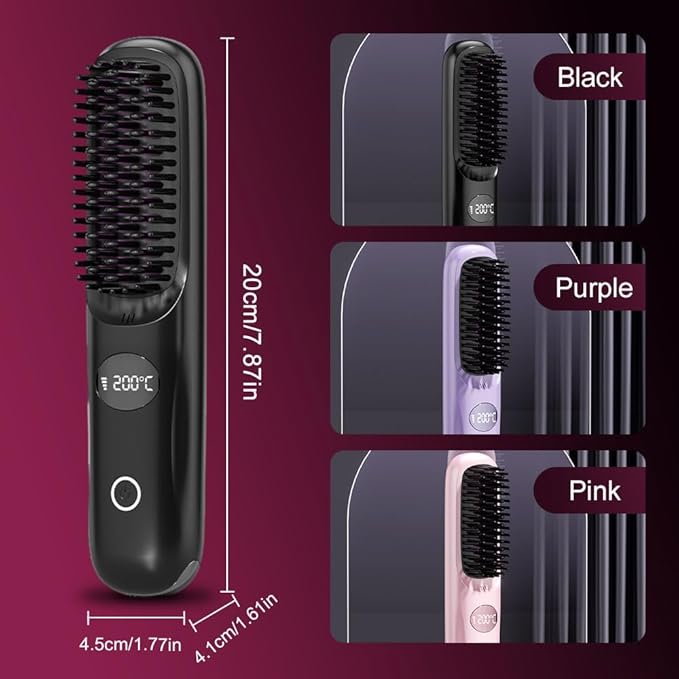 Portable Straightener Brush for Travel USB Rechargeabl Fast Heating Hair Straightener Comb with 3 Temperature &amp LED Display Women Travel Essentials (Black)