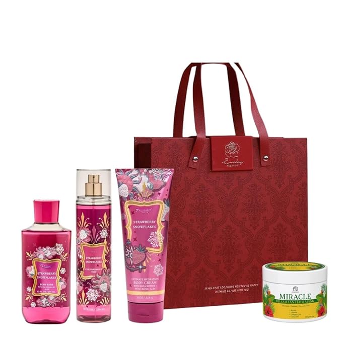 Strawberry Snowflakes -White BarnBath Body/Work - HOLIDAY COLLECTION - 3 Full Size and Holiday NEW Gift Bag With MIRACLE BRAZILIAN HAIR MASK (Packaging May Vary)