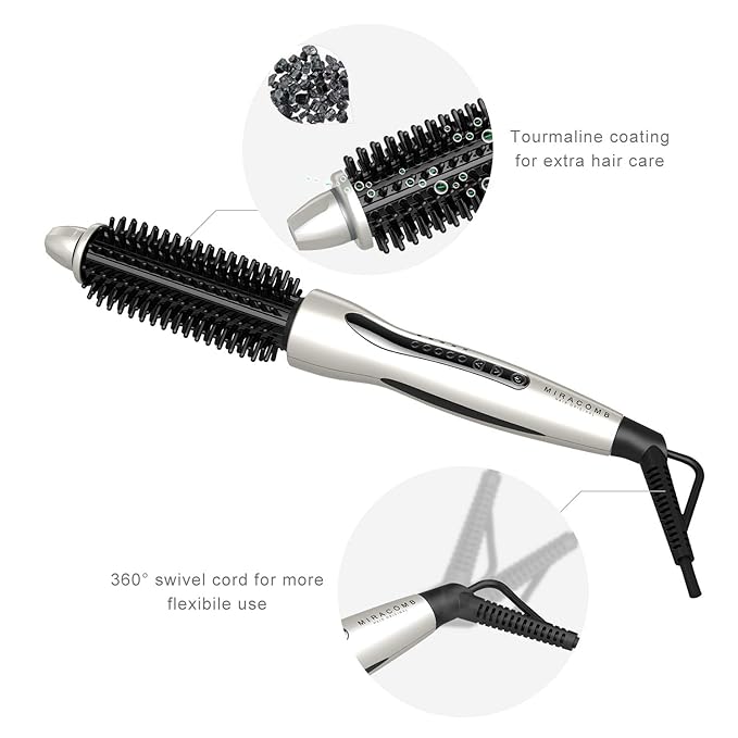MIRACOMB Hair Curler Straightening Brush Ceramic Tourmaline Cool Touch PRO Multi Styler with 5 Heat Adjustments 1 Inch Barrel Auto Shut Off Pearl White (Package May Vary)