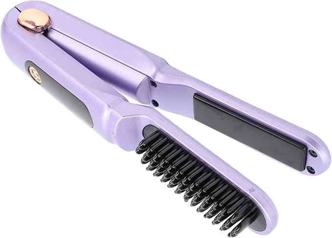 YUYTE Hair Straightener Brush for Women: 2 in 1 Curling &amp Straightening Brush with Dust Cover Ceramic Hot Comb with 3 Temps for Hair Styling (Purple)