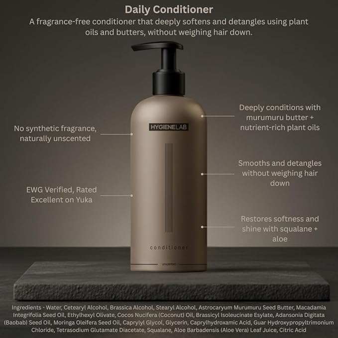 HygieneLab Conditioner for Men- EWG Verified Best Men's Conditioner for all Hair Types Unscented - Sulfate and Paraben Free Lightweight Hydrating and Softening Formula 10 fl oz