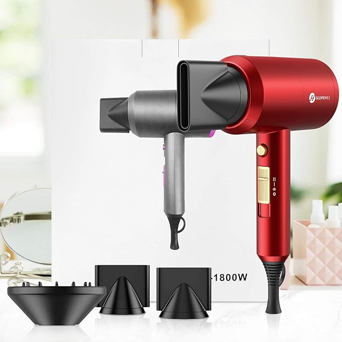 Slopehill Professional Ionic Hair Dryer Powerful 1800W Fast Drying Low Noise Blow Dryer with 2 Concentrator Nozzle 1 Diffuser Attachments for Home Salon Travel (Agate Red)