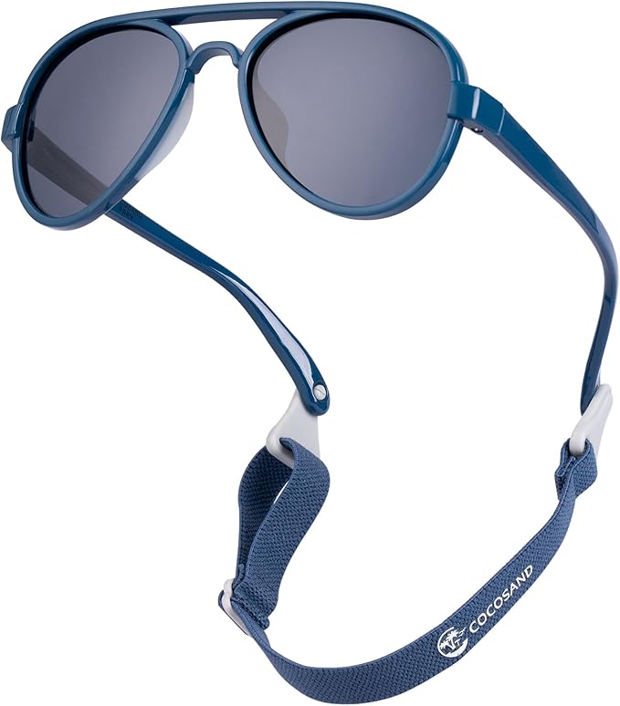 COCOSAND Baby Boys Girls Aviator Sunglasses with Strap Polarized Flexible Retro Pilot for Infants Toddler Age 0-24 Months