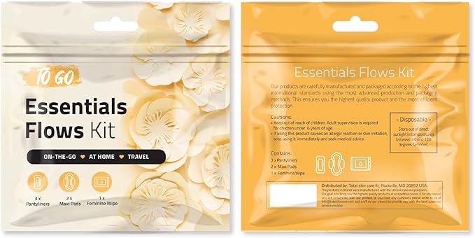 Essential Flow Kit – Case of 60 Individually Packed Period Kits for Schools Students &amp Emergency Needs | Includes 3 Pantiliners 2 Maxi Pads &amp 1 Feminine Wipe in a Discreet Zip Bag (Orange)