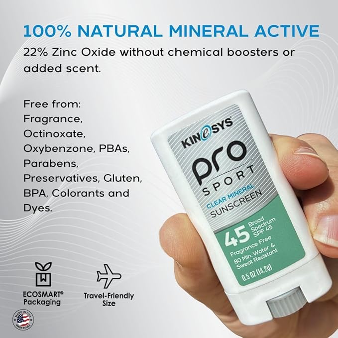 KINeSYS Pro Sport Clear Mineral Sunscreen Stick SPF 45 | SPF Stick Sunblock for Adults &amp Kids | Broad Spectrum Sun Protection | Water Resistant Travel Size Sunscreen for Face Body &amp Vacation