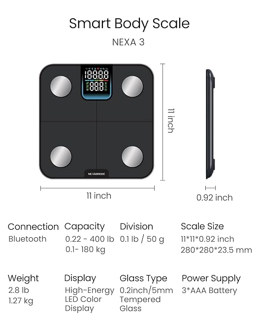 Smart Scale for Body Weight BMI Body Fat Muscle Mass 7-in-1 Large Display Digital Bathroom Scale 25 Body Composition Analysis Sync App Bluetooth 400 lbs - Nexa 3