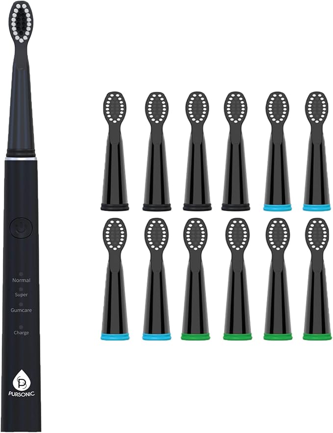 Pursonic Whitening USB Rechargeable Sonic Toothbrush-12 Brush Heads!- 38000 Brush Strokes Per Minute-3 Brushing Modes with 2 Minute Auto Timer (Black)