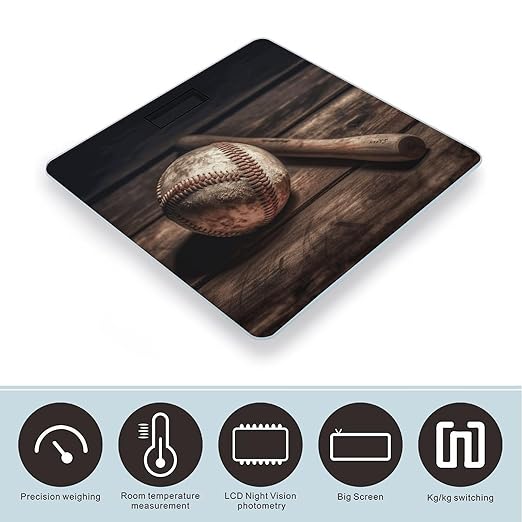 Baseball on Wooden Scale for Body Weight Safe Rounded Corners Tempered Glass Digital Bathroom Scale LED Display 400lb Capacity Weight Scales with High Precision Sensors