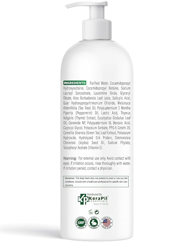 Bacterinyl Tea Tree Oil Body Wash - Antibacterial &amp Antifungal Support for Ringworm Body Odors Athlete’s Foot &amp Acne Helps Soothe Itchy Dry Skin - Made in USA (16 fl oz x 2)