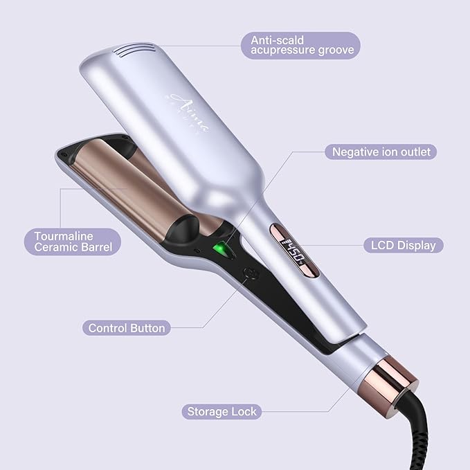 32mm (1.25) Aima Beauty Twins Mermaid Hair WaverAnti-Scald Hair CrimperBeach Wave Curling IronCurling Wand 2 Barrel (Purple) 15S Heats Up for Short/Medium/Long Hair