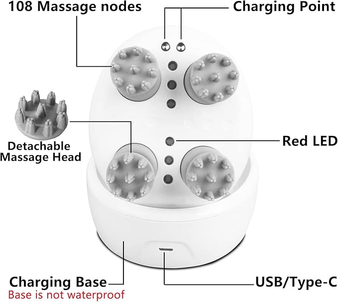 Electric Scalp Massager with red Light TherapyWaterproof Head Massager with 108 nodes4 ModesWireless Charging to Relieve deep Tissue Pressure