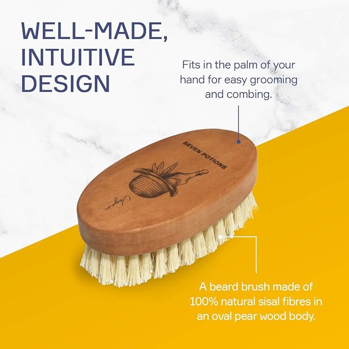 Seven Potions Vegan Beard Brush for Men — 100% Sisal Plant Fibre &amp Pear Wood — Firm Bristles to Gently Tame/Soften/Exfoliate – 100% Natural Non-Synthetic