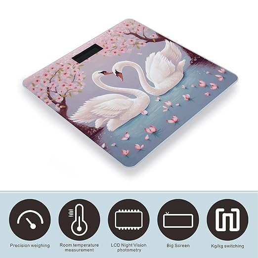 White Swans with Pink Floral Tree Scale for Body Weight Anti-Slip Sturdy Tempered Glass Weighing Machine Highly Digital Accurate Bright LCD Bathroom Scale for Household Gift