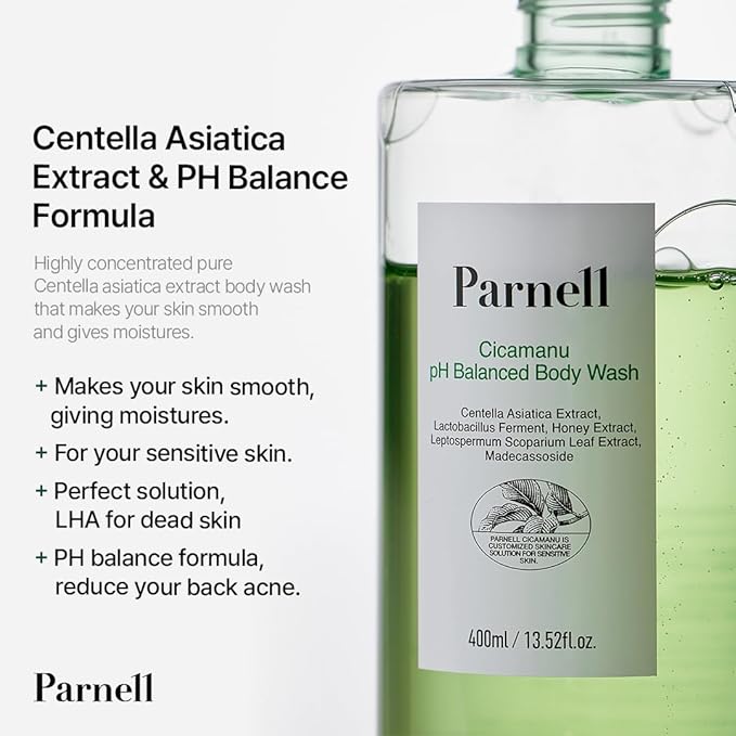 Parnell Cicamanu pH Balanced Body Wash 13.5 Fl Oz | Salicylic Acid LHA Cica HA Ceramide | Mild Soothing Cleanser for Back Acne Bacne &amp Sensitive Troubled Skin