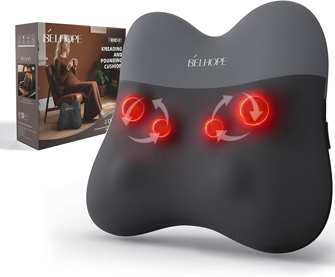 belhope Back Massager with Heat Cordless Back Massage for Pain Relief Deep Tissue 4D Shiatsu and Percussion Massage Lower Back Massager for Office Chair Mother's Day Gifts for Women Men Grey