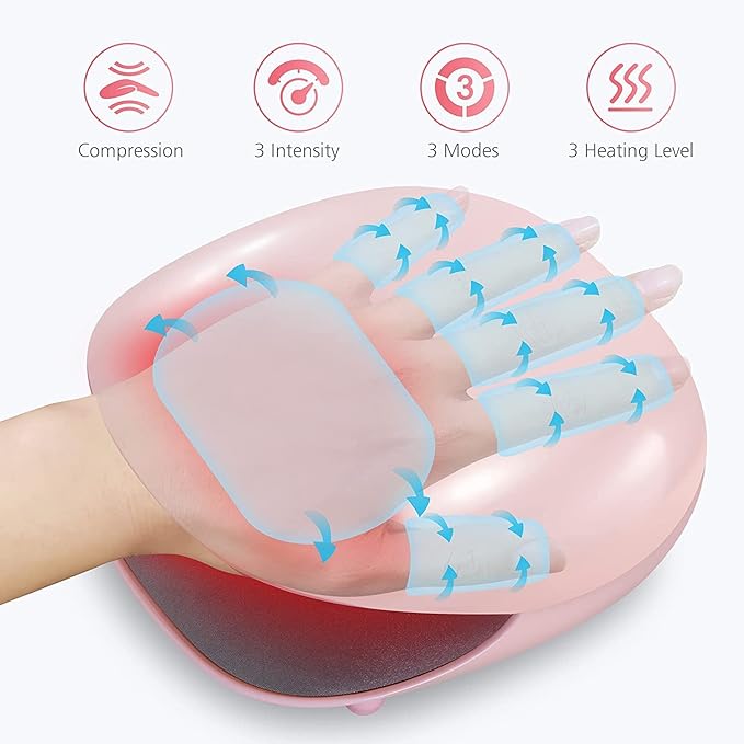 COMFIER Wireless Hand Massager with Heat -3 Levels Compression &amp HeatingRechargeable Hand Massager Machine for Carpal TunnelIdeal Gifts for Women (Petal Pink)