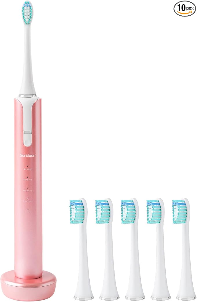 Soniclean Lux Sonic Toothbrush for Adults with 6 Toothbrush Heads Rechargeable Automatic Sonic with Refills Rose Gold