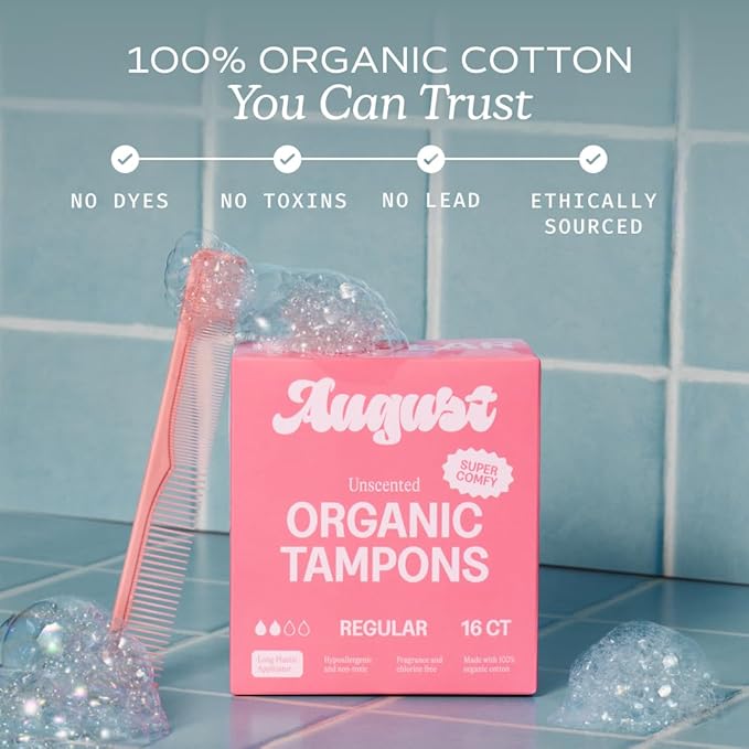 August Regular Tampons - 72-Pack 100% Organic Cotton Tampons for Women and Anyone Who Menstruates Non-Toxic Fragrance-Free and Hypoallergenic with Long Applicators (3 Boxes of 24)