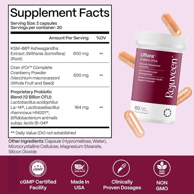 Uflora Vaginal Probiotics | Supports Vaginal Health Moisture &amp Yeast | Enhances Intimate Wellness | Clinically Proven Dosages | Probiotics Cranberry Ashwagandha | 60 Ct
