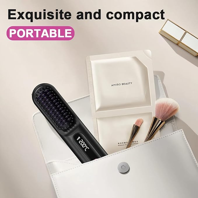 Cordless Hair Straightener Brush for Women Portable Travel Hair Straightener Brush Ionic Ceramic Mini Hot Comb with Fast Heating 3 Heat Settings USB Rechargeable Anti-Frizz Styling Tool (White)