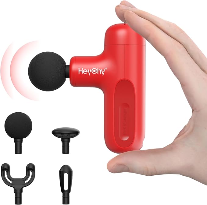 Super Mini Massage Gun Deep Tissue Handheld Muscle Massager with 4 Heads Percussion Travel Size Massager Gun for Men &amp Women Back Pain Relief Quiet for Home Gym Office Red