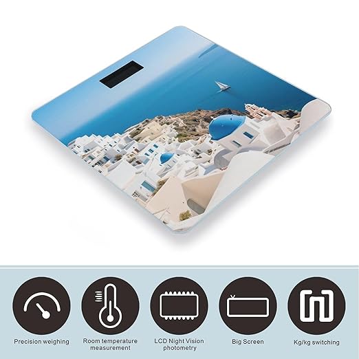 Santorini Greek Island Sea View Scale for Body Weight Sturdy Tempered Glass Weighing Scales with LCD Display Accurate Digital Bathroom Scale Convenient Body Fat Smart Scales Easy Read