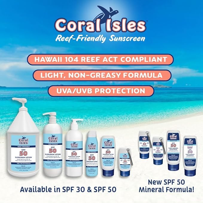 Coral Isles KIDS Sunscreen SPF 50 | 16 Fl OZ Botlle w/Pump | Hawaii Compliant as Reef Safe | Octinoxate &amp Oxybenzone Free | Broad Spectrum UVA/UVB | Water Resistant 80 Min.