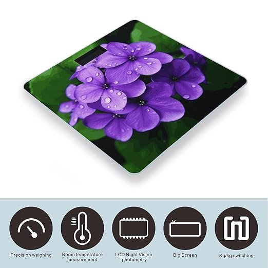 Violet Flower Bathroom Scale Automatic Power On/Off Body Scales LCD Backlight Display Square Digital Scale Rounded Corners Bathroom Scales for Home Bedrooms