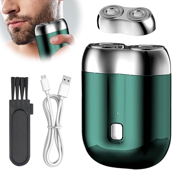 New Model Mini Dual-Head Electric Shaver Men's Pocket Shaver Mini Portable Electric Shaver Men's Rechargeable Double Head Shaver Rechargeable Waterproof Electric Shaver (Green+Head)