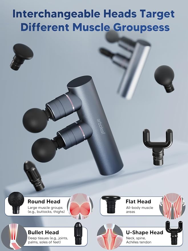 arboleaf Massage Gun Deep Tissue with Double Heads Full-Metal Electric Portable Handheld Massager for Back Shoulder Sore Muscles Pain Relief 5 Modes Seamless Speed Control