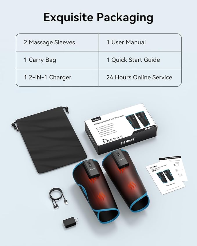 FIT KING Cordless Calf Massager with Heat &amp Compression – Rechargeable Leg Massager for Circulation Edema RLS &amp Pain Relief 3 Heat Levels 3 Modes &amp Intensities Portable Mom Dad Ath