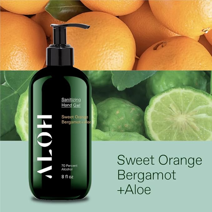 ALŌH Sanitizing Hand Gel 2-pack | Sweet Orange Bergamot + Aloe | 70% Alcohol Hydrating Hand Sanitizer Gel with Essential Oil for Kids &amp Adults | 8oz Bottle (Set of 2)