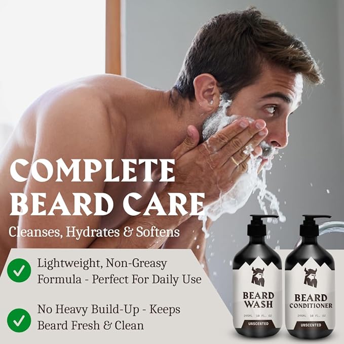 Striking Viking Unscented Beard Wash &amp Conditioner - 10 Fl Oz Pack of 2 - Deep Cleansing Oil Formula - Soothing Softener with Jojoba Oil - Itch-Free Gentle Hydration for Beard Care