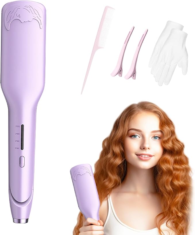32mm (1.25) Wave Curling Iron 2 Barrel Ionic Deep Waver Hair Tool with 4 Temperature Settings Fast Heating Anti-Scald Hair Crimper for All Hair Types (Purple)