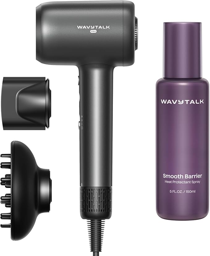Wavytalk Turblow Pro Fast Drying Hair Dryer Grey and Heat protectant Spray for Hair 5 Fl Oz